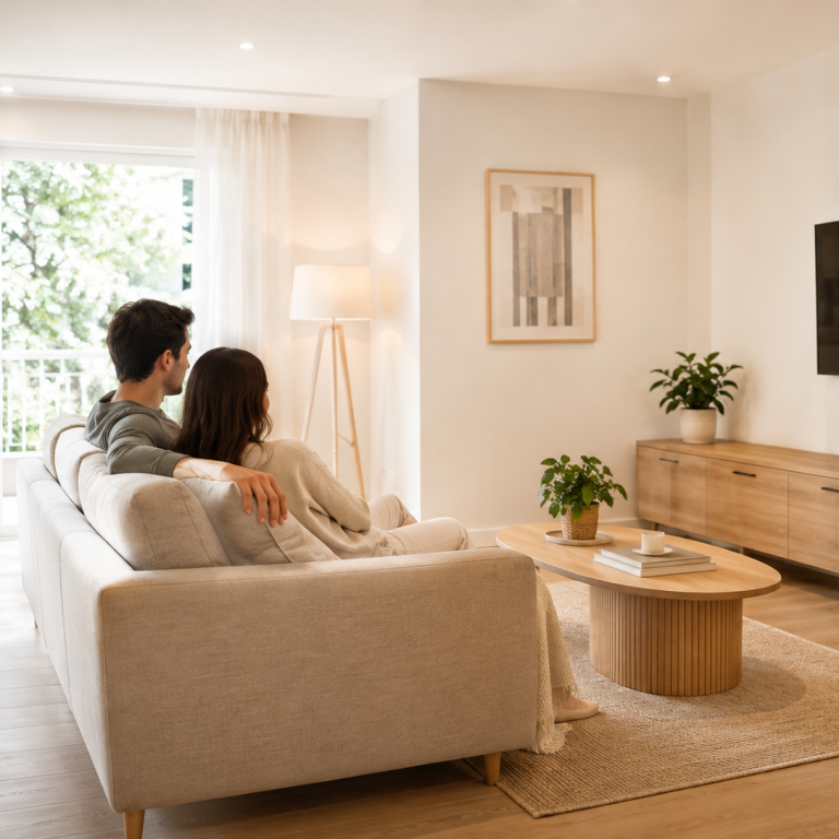 Pareja en salón reformado de vivienda en Madrid