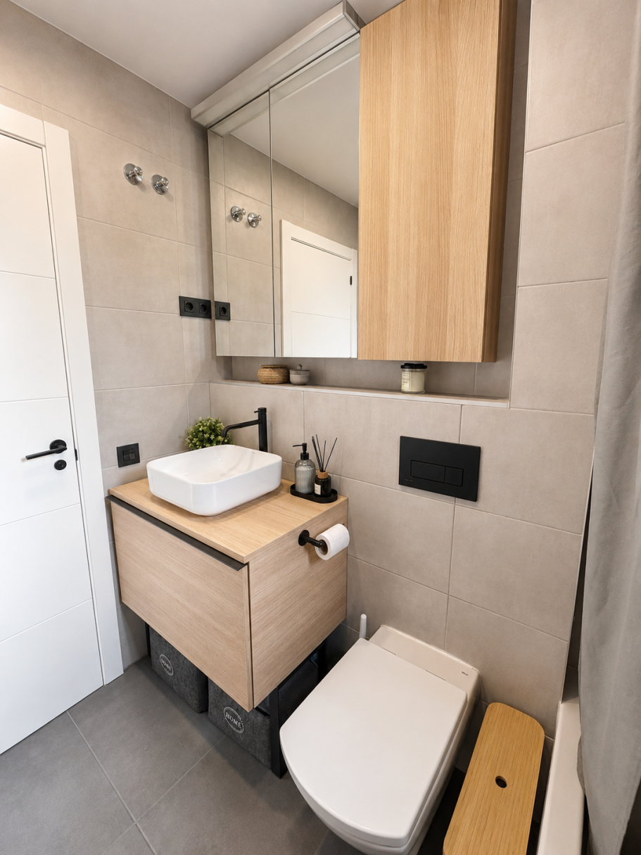 Baño reformado con mueble suspendido y revestimiento en tonos neutros