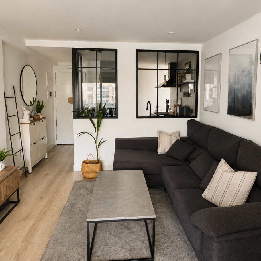 Salón reformado con cerramiento interior de vidrio y suelo de madera