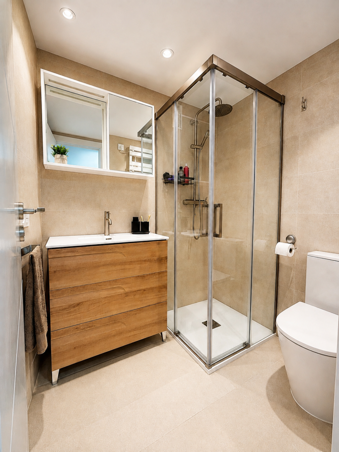 Baño reformado con ducha de vidrio y mueble de madera