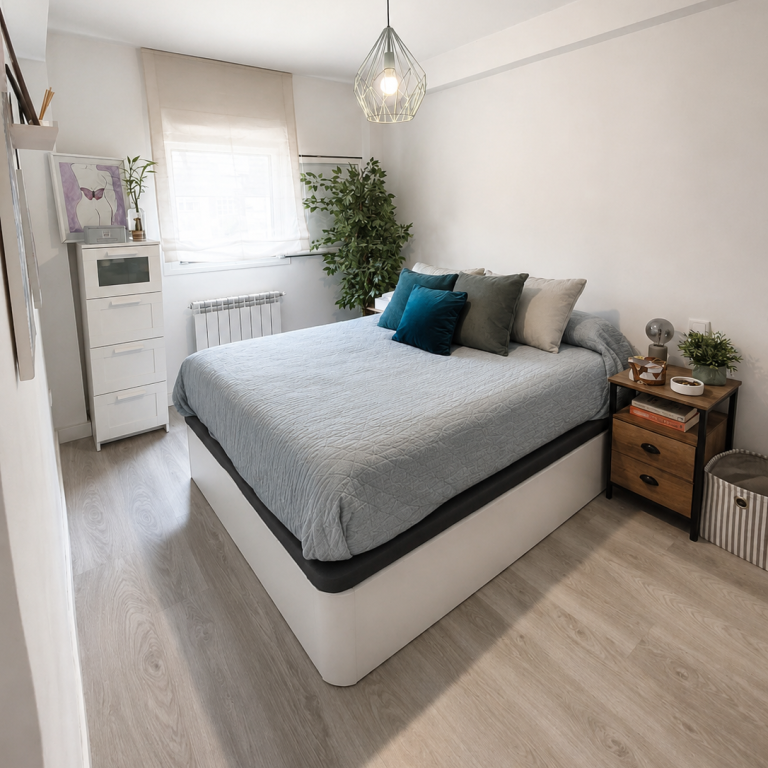 Dormitorio reformado con acabados claros y suelo de madera